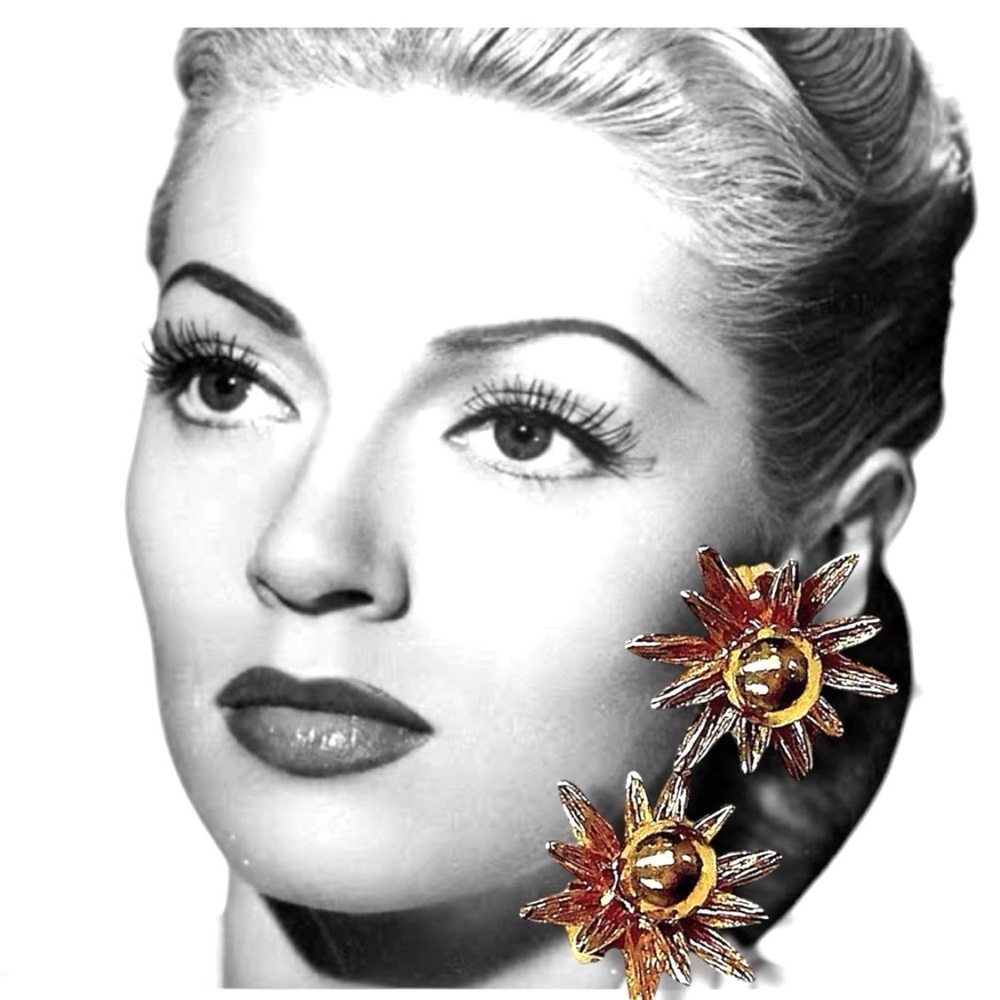 Rare Vintage 50s Floral Gold Clip Earrings by Judy Lee from a Private Collection